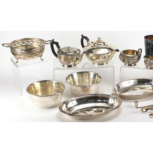 180 - Silver plated items including teapot, entrée dish and a basket with swing handle