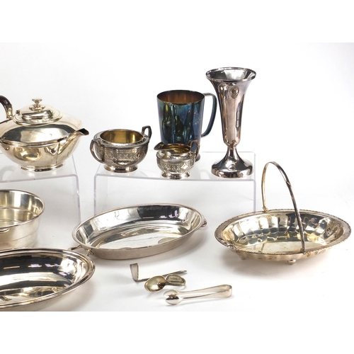 180 - Silver plated items including teapot, entrée dish and a basket with swing handle