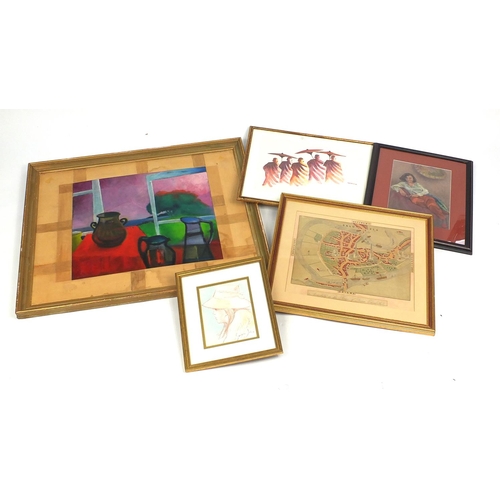 392 - Four paintings together with an antique hand coloured town plan, the paintings including one after G... 