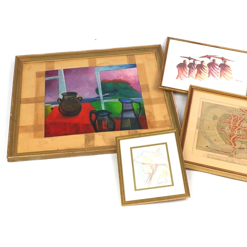 392 - Four paintings together with an antique hand coloured town plan, the paintings including one after G... 