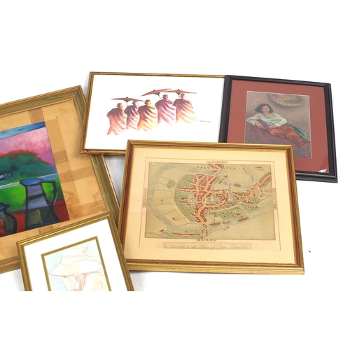 392 - Four paintings together with an antique hand coloured town plan, the paintings including one after G... 