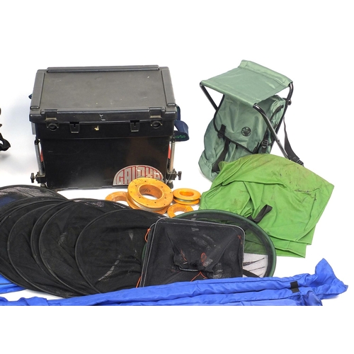 487 - Selection of fishing tackle, boxes, keep nets and fishing rods including split cane examples