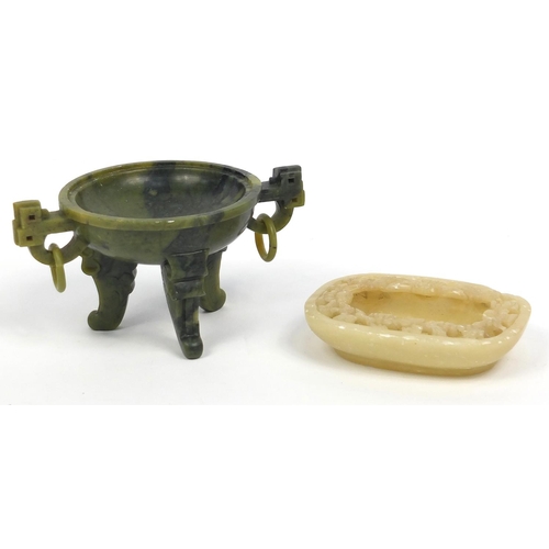 550 - Chinese carved stone three footed stand and a soapstone brush washer