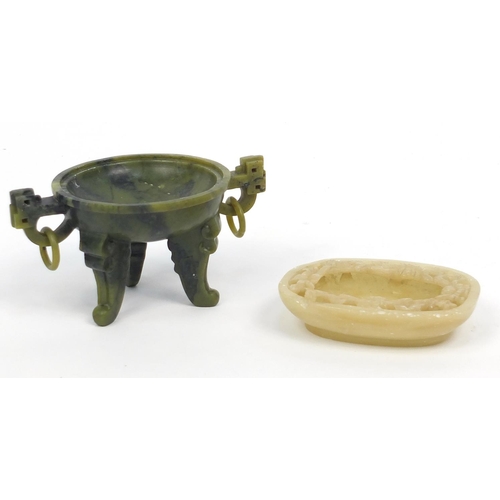 550 - Chinese carved stone three footed stand and a soapstone brush washer