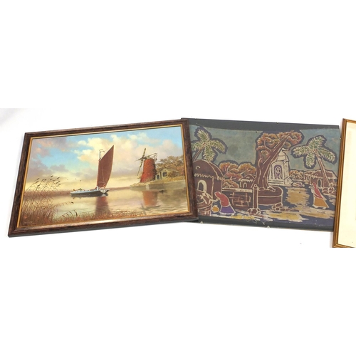 271 - Three pictures comprising an Eastern painting on silk, Dutch style oil on board and a pencil signed ... 