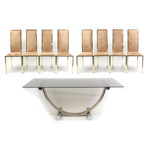 2004 - Stylish Italian chrome and glass dining table and eight chairs with suede upholstery by Zevi, the ta... 
