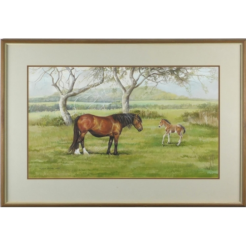 2081 - Michelle Bennett Oates - Horse and foal, heightened watercolour, mounted and framed, 54.5cm x 32cm