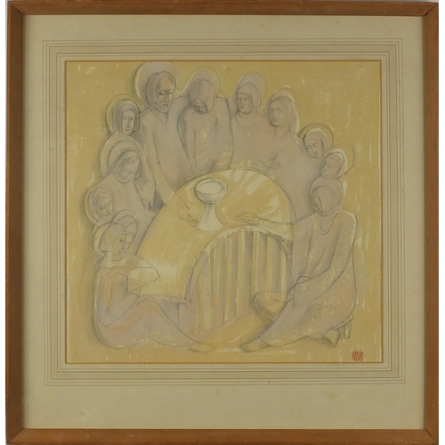 2107 - Religious scene, mixed media onto card, bearing a monogram MEG, mounted and framed, 31cm x 30.5cm