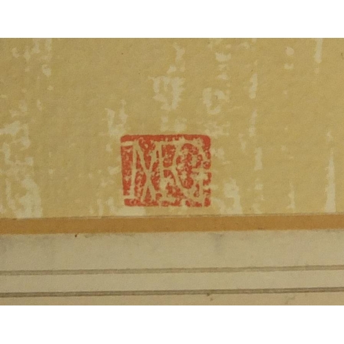 2107 - Religious scene, mixed media onto card, bearing a monogram MEG, mounted and framed, 31cm x 30.5cm