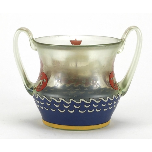 2126 - Green glass twin handled cup hand painted with Viking Longboats on crashing waves, inscribed S H 582... 