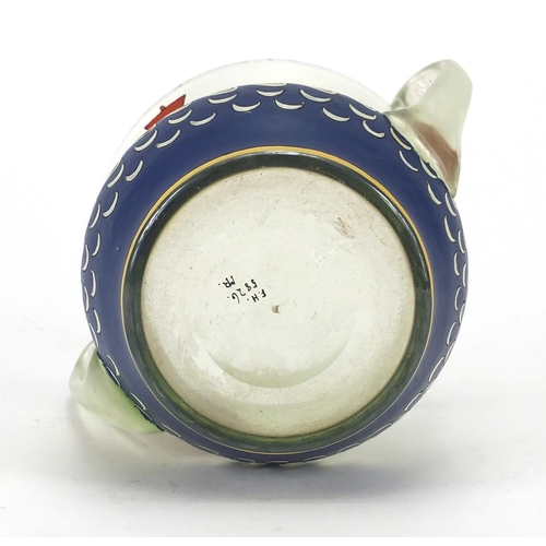 2126 - Green glass twin handled cup hand painted with Viking Longboats on crashing waves, inscribed S H 582... 