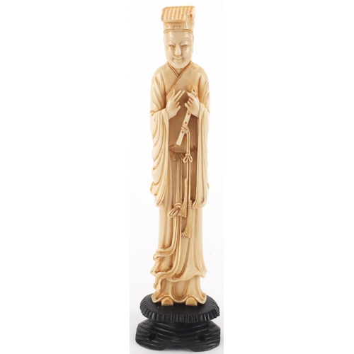 2301 - Chinese carved ivory okimono of a gentleman holding a scroll, on hardwood stand, 22cm high