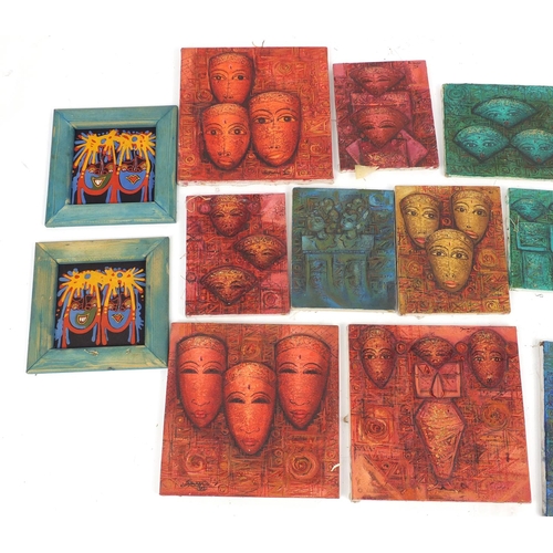 485 - Fourteen Eastern paintings mostly of Deities, all unframed, the largest 31cm x 30cm