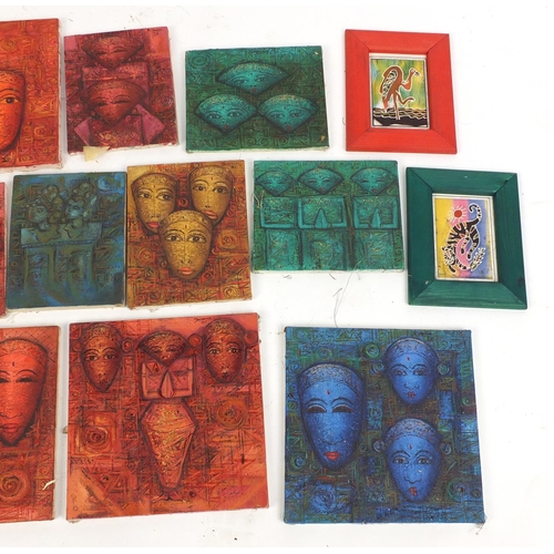 485 - Fourteen Eastern paintings mostly of Deities, all unframed, the largest 31cm x 30cm