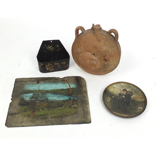 181 - Antique and later items including a wall plate hand painted with figure before London, harbour paint... 