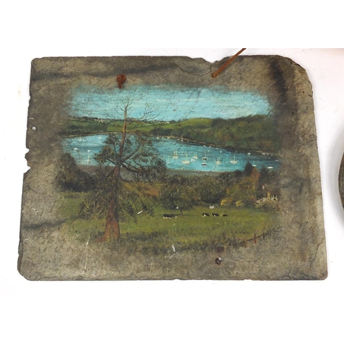 181 - Antique and later items including a wall plate hand painted with figure before London, harbour paint... 