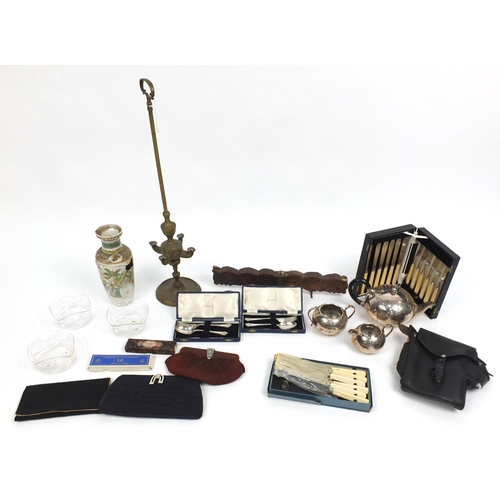 206 - Miscellaneous items including silver plated tea set, Loetz style glass dishes and an antique Chinese... 