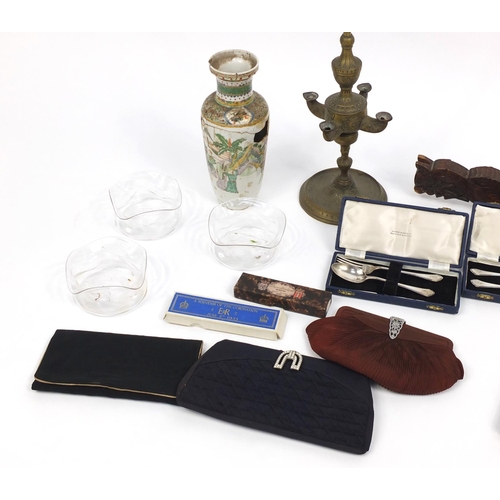 206 - Miscellaneous items including silver plated tea set, Loetz style glass dishes and an antique Chinese... 