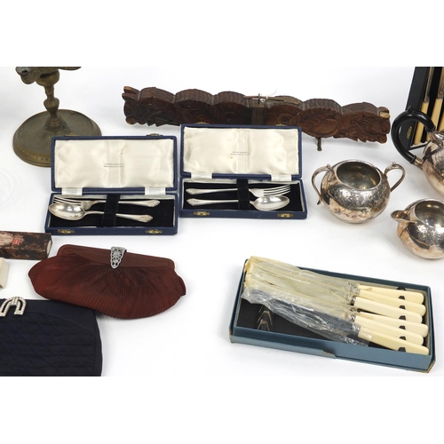 206 - Miscellaneous items including silver plated tea set, Loetz style glass dishes and an antique Chinese... 