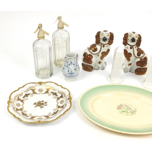 221 - Box of china including a Susie Cooper meat platter, soda siphons, pair of Staffordshire dogs and a C... 