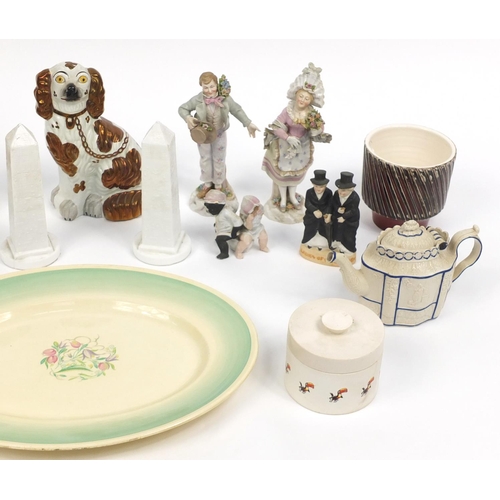 221 - Box of china including a Susie Cooper meat platter, soda siphons, pair of Staffordshire dogs and a C... 