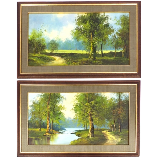 377 - Oil paintings comprising a large pair of landscape, sunset over river, a portrait and one of a Cathe... 