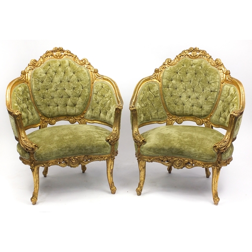 2001 - Pair of French style gilt open armchairs with green button upholstered back and sides, each 101cm hi... 