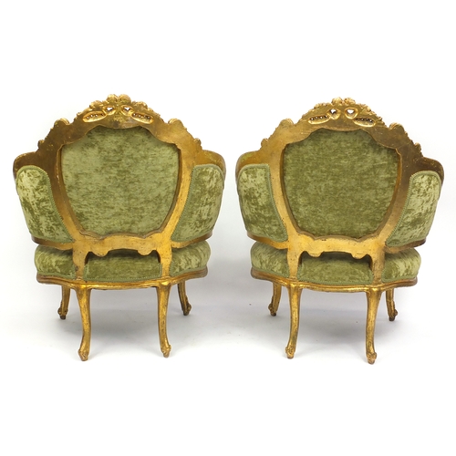 2001 - Pair of French style gilt open armchairs with green button upholstered back and sides, each 101cm hi... 
