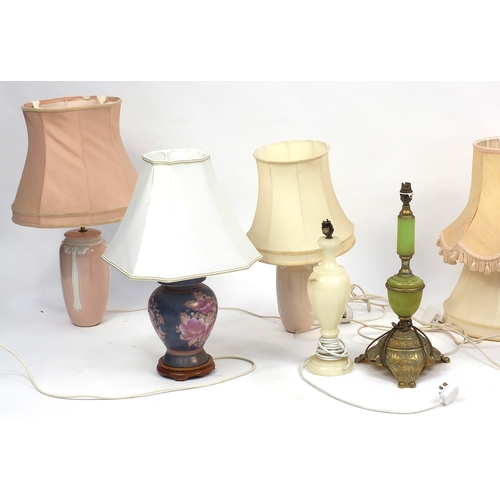 537 - Seven assorted table lamps with shades, including alabaster ceramic and gilt wood examples