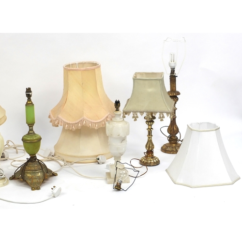 537 - Seven assorted table lamps with shades, including alabaster ceramic and gilt wood examples