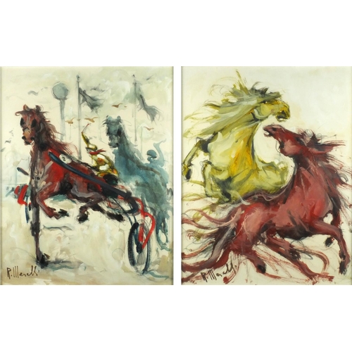 5 - WITHDRAWN - Horse drawn cart and warhorses, pair of oil onto canvases, both bearing a signature R Me... 