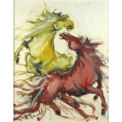 5 - WITHDRAWN - Horse drawn cart and warhorses, pair of oil onto canvases, both bearing a signature R Me... 