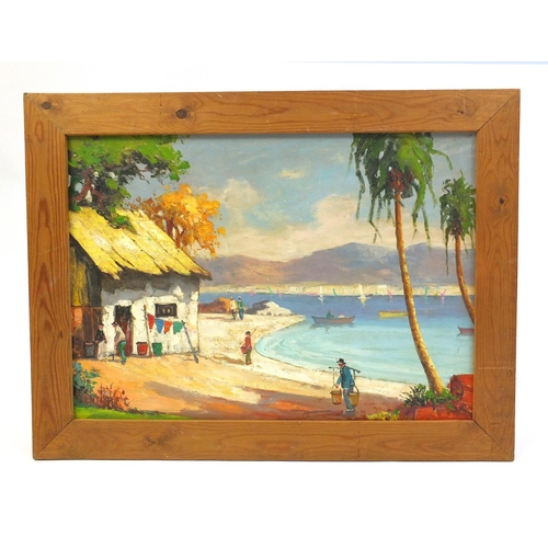 6 - After Doly John - Oil onto board, Trinidad coastal scene, framed, 69cm x 48cm excluding the frame