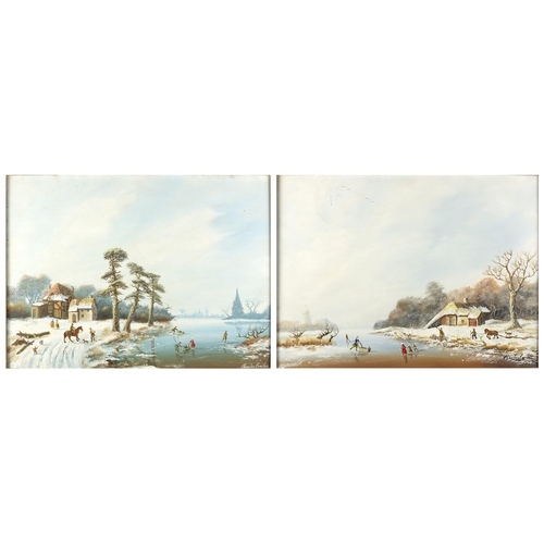 17 - Charles Comber, pair of Dutch winter landscapes, oil onto board, both framed, each 38cm x 29cm