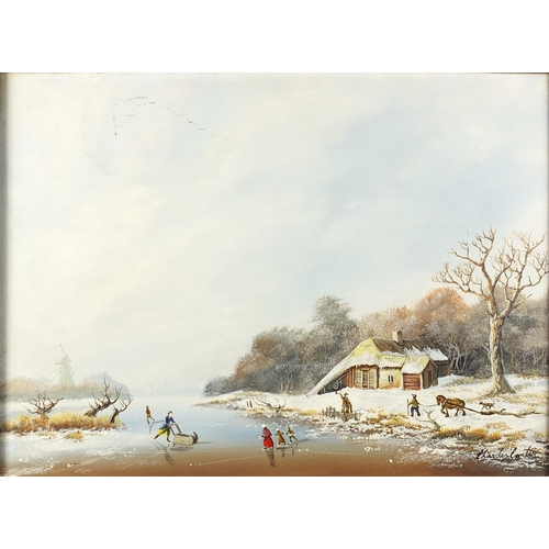 17 - Charles Comber, pair of Dutch winter landscapes, oil onto board, both framed, each 38cm x 29cm
