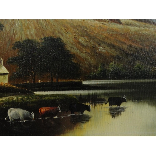 18 - Oil onto board study of cattle in a lake before mountains, gilt framed, 60cm x 47cm excluding the fr... 