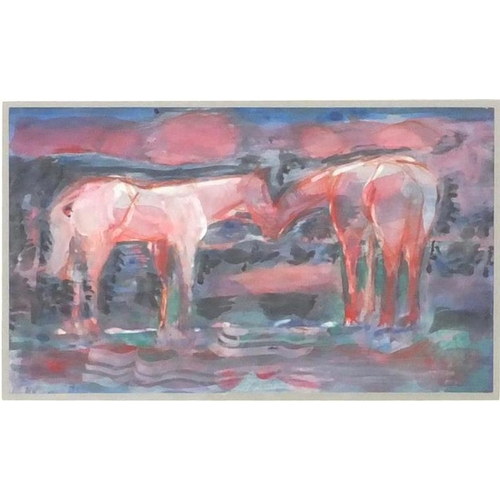 19 - Acrylic study of two horses, label verso, mounted and framed, 31cm x 19cm excluding the mount and fr... 