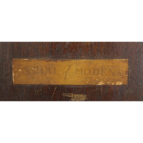 21 - Victorian mahogany shield shaped face screen on tripod base, paper label to the reverse, 145cm high