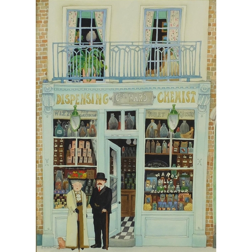 30 - Barry Smith - Watercolour, the chemist shop, inscribed label verso, mounted and framed, 45cm x 34cm ... 