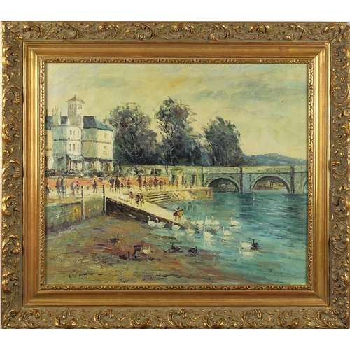 40 - Figures beside a canal, impressionist oil onto canvas, bearing an indistinct signature, framed, 50cm... 