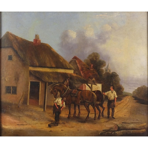 41 - Blacksmiths with horses before buildings, 19th century oil onto canvas, bearing a monogram HS, frame... 