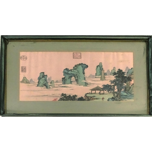 53 - Pair of Chinese embroidered silk panels of landscape scenes, each mounted and framed, each 55cm x 33... 