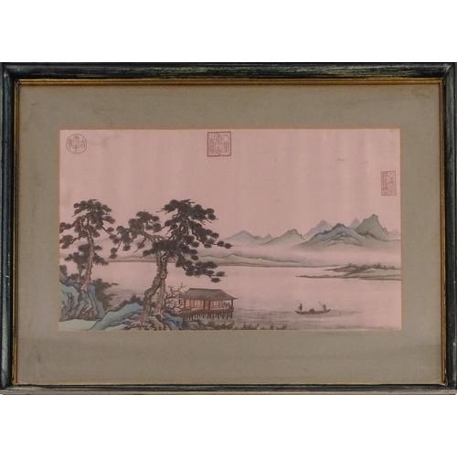53 - Pair of Chinese embroidered silk panels of landscape scenes, each mounted and framed, each 55cm x 33... 