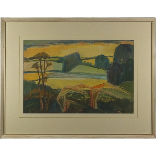 134 - Extensive landscape, impressionist gouache onto card, inscribed G Sutherland Wiltshire 1969 verso, m... 