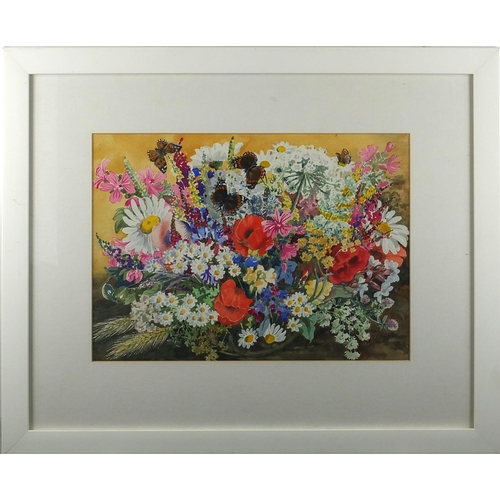 148 - Watercolour, butterflies amongst flowers, indistinctly signed, mounted and framed, 35cm x 25cm