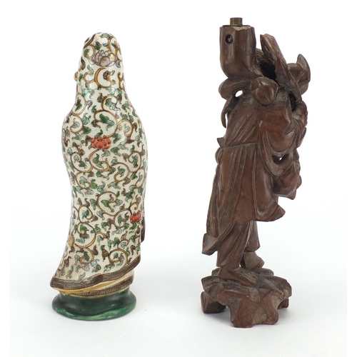 162 - Japanese Satsuma figure and a Chinese carved wood lamp base, the larger 30cm high