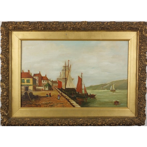 191 - Figures beside moored boats, Victorian oil onto canvas, inscriptions verso, mounted and framed, 40cm... 