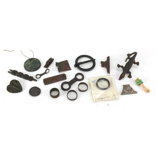 446 - Antique and later metal detecting finds and artefacts including rings and a lizard