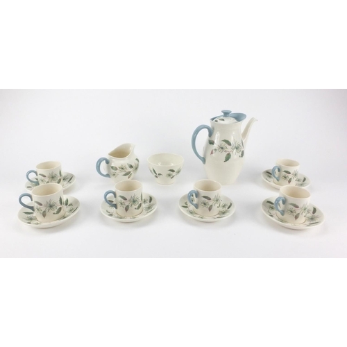 467 - Wedgwood Penshurt pattern six place coffee service, the coffeepot 20cm high