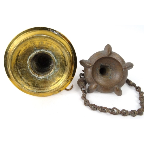 468 - Two Middle Eastern hanging brass oil lanterns , the larger 25cm high